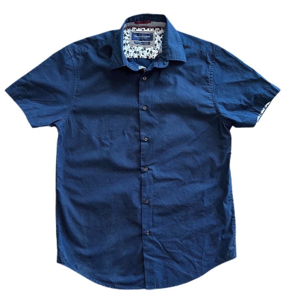 Denim & Flower Navy & White Polka Dot Button Up Collared Dress Shirt size XL